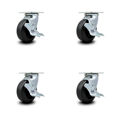 Service Caster 5 Inch Rubber on Steel Caster Set with Roller Bearings and Brake/Swivel Lock SCC SCC-30CS520-RSR-TLB-BSL-4